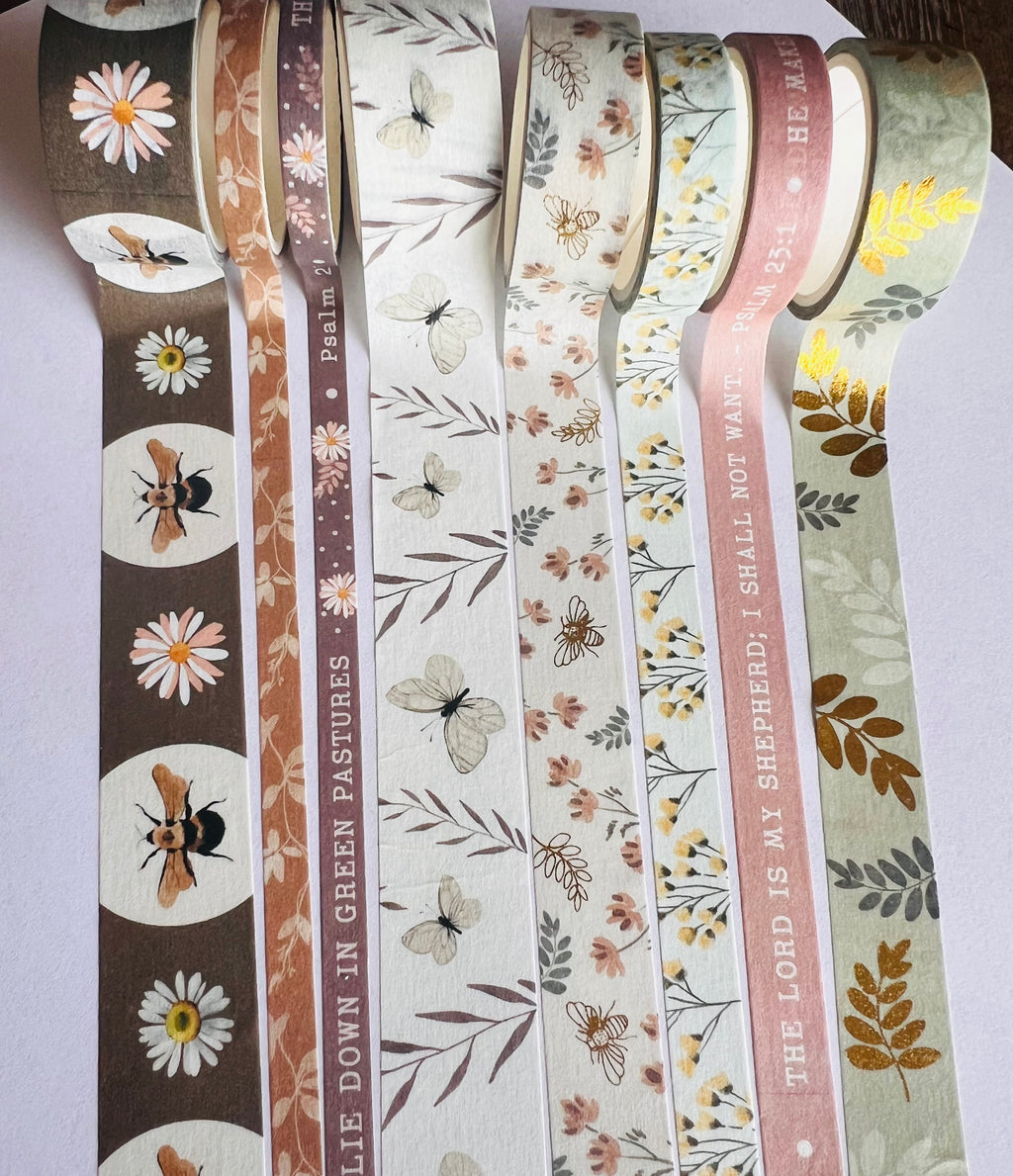 Psalm 23 Floral Washi Tape Set — Set of 8 Scripture Washi Tape for Bible Journaling and Creative Projects