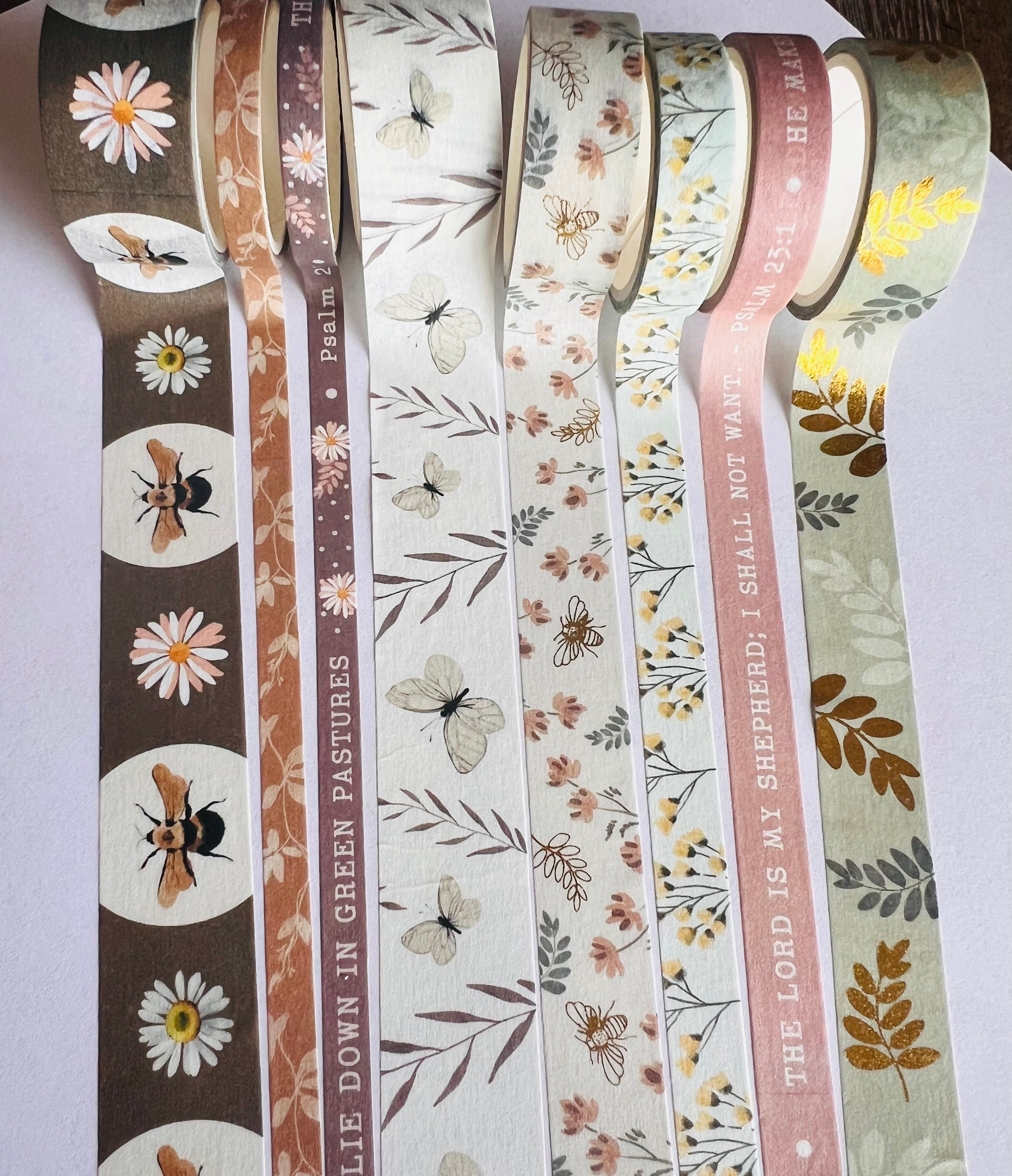 Psalm 23 Floral Washi Tape Set — Set of 8 Scripture Washi Tape for Bible Journaling and Creative Projects
