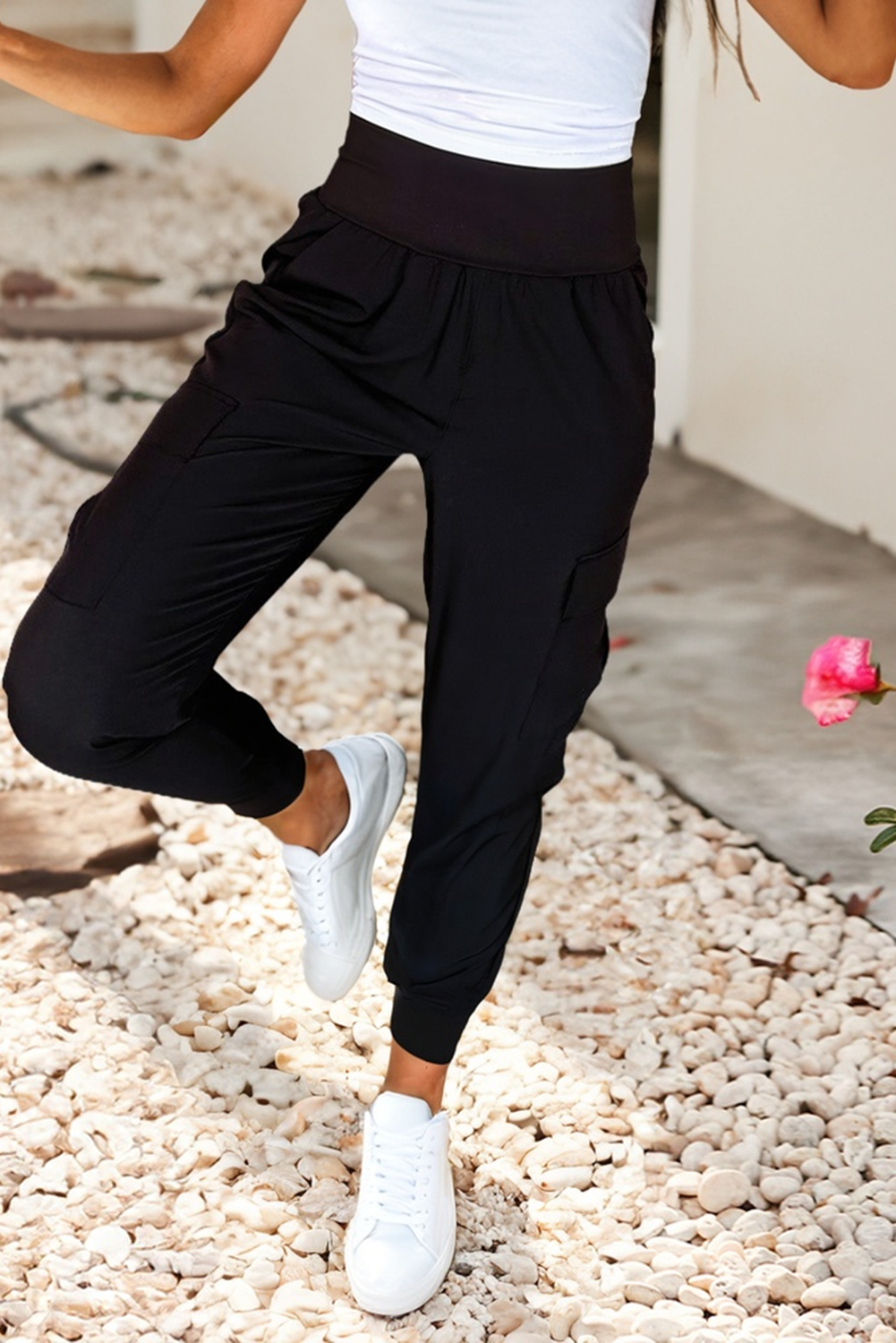 Elastic High Waist Pocketed Cargo Jogger Pants