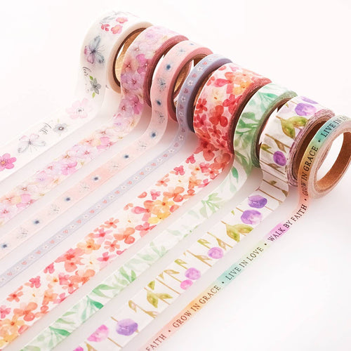 Blossoms of Blessings Washi Tape Set — Set of 8 Floral Scripture Washi Tapes for Bible Journaling and Scrapbooking