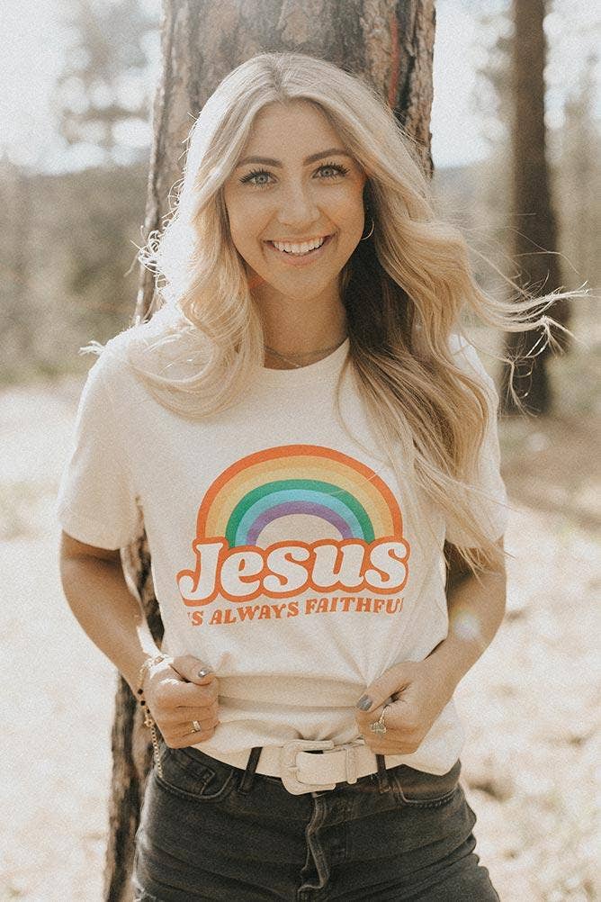 Jesus is Always Faithful Vintage Rainbow Graphic Tee | Christian Women's Faith Fashion
