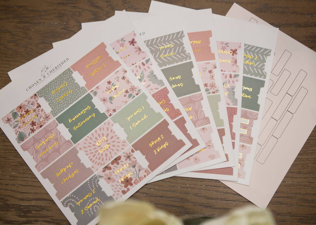 Sage and Blush Floral Bible Tabs — 66 Book Laminated Gold Foil Bible Tabs
