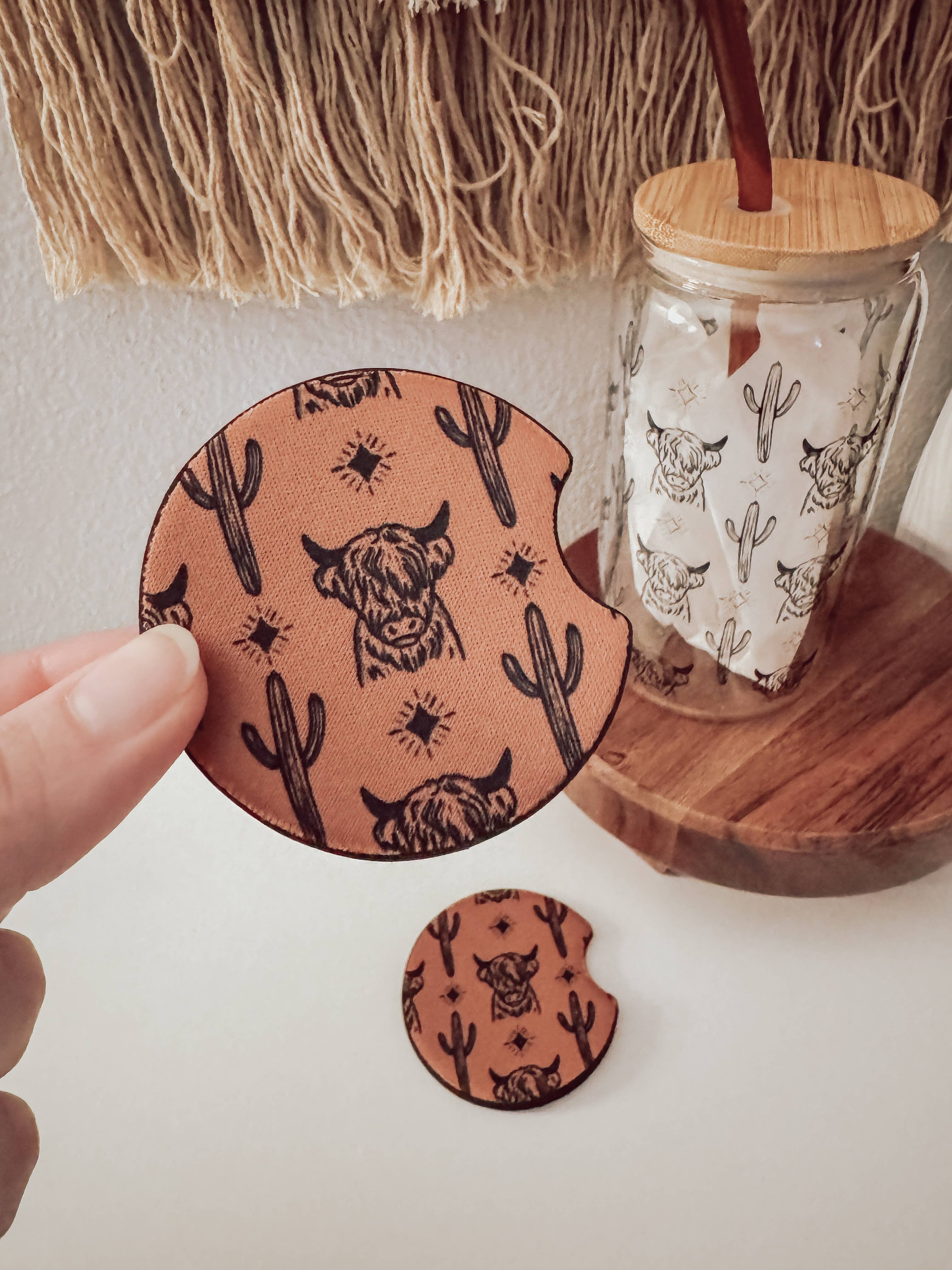 Western Highland Cow Car Coasters (set of 2) 