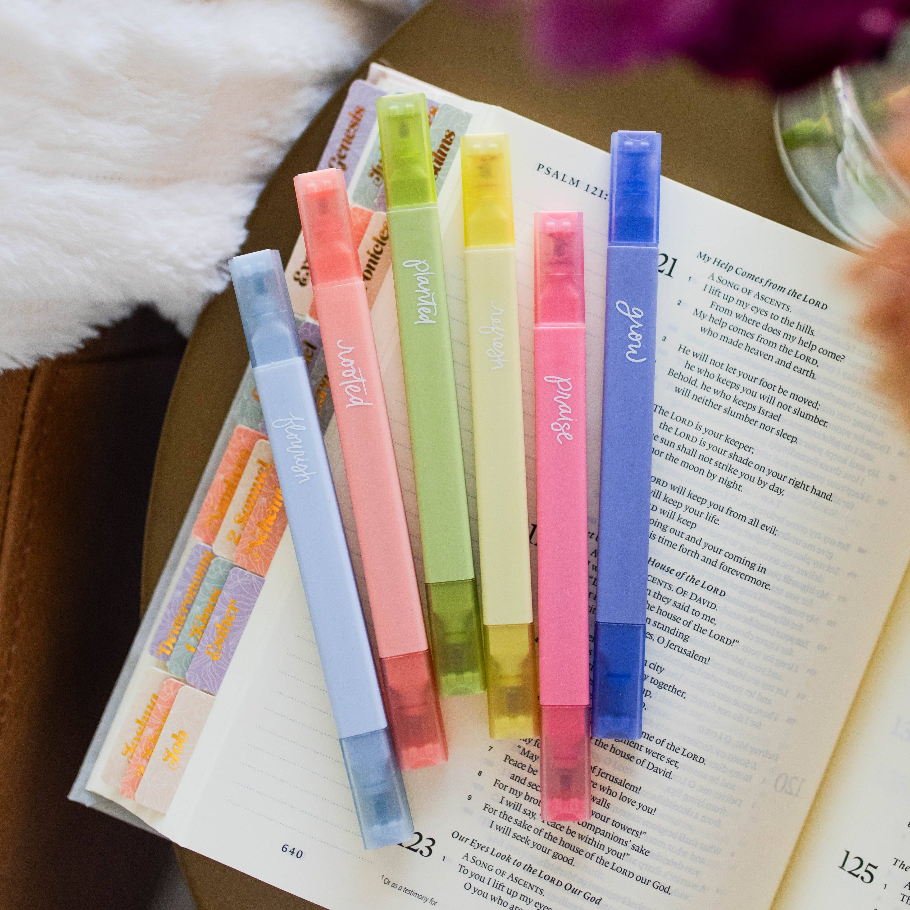 Garden Highlighter Set — 6 Color Dual Tip Bible Highlighters with No Bleed Technology