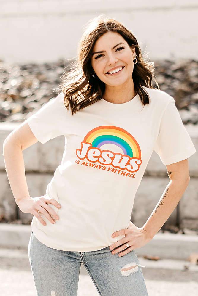 Jesus is Always Faithful Vintage Rainbow Graphic Tee | Christian Women's Faith Fashion