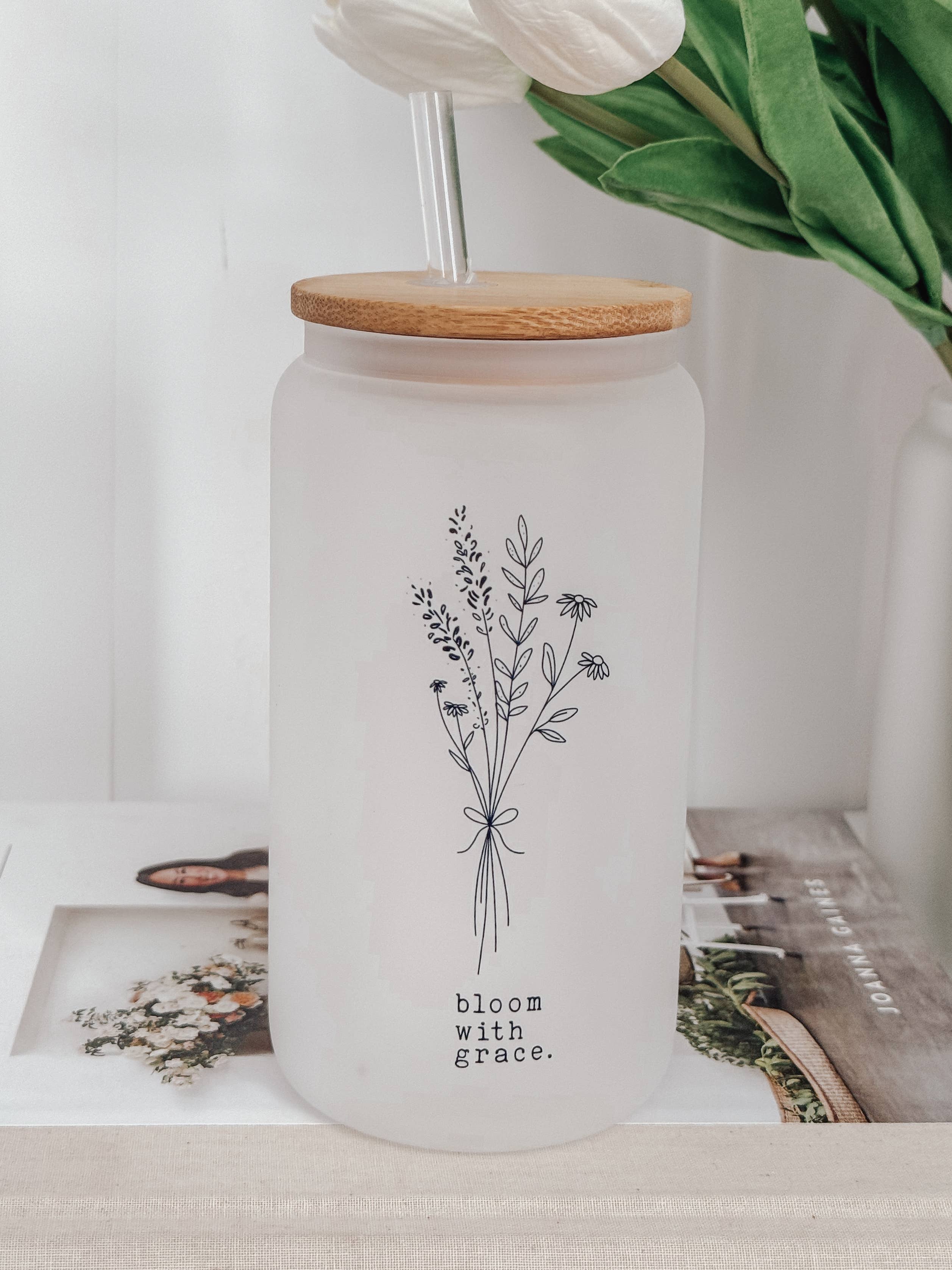 Bloom With Grace 16oz Glass Cup with Bamboo Lid
