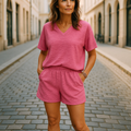 Textured V-Neck T-Shirt and Shorts Set — Women’s Loungewear Set