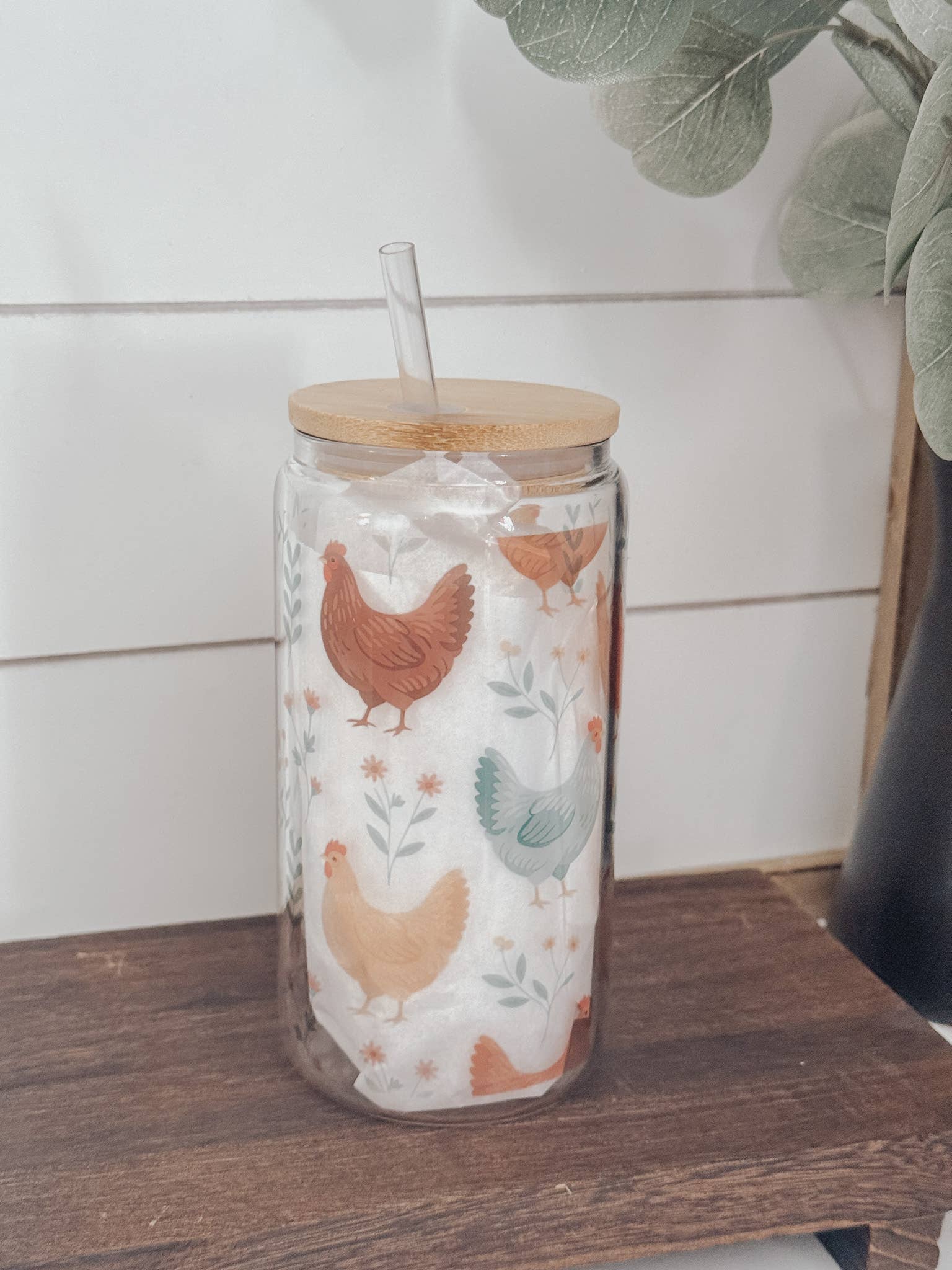 Chicken 16oz Glass Cup with Bamboo Lid