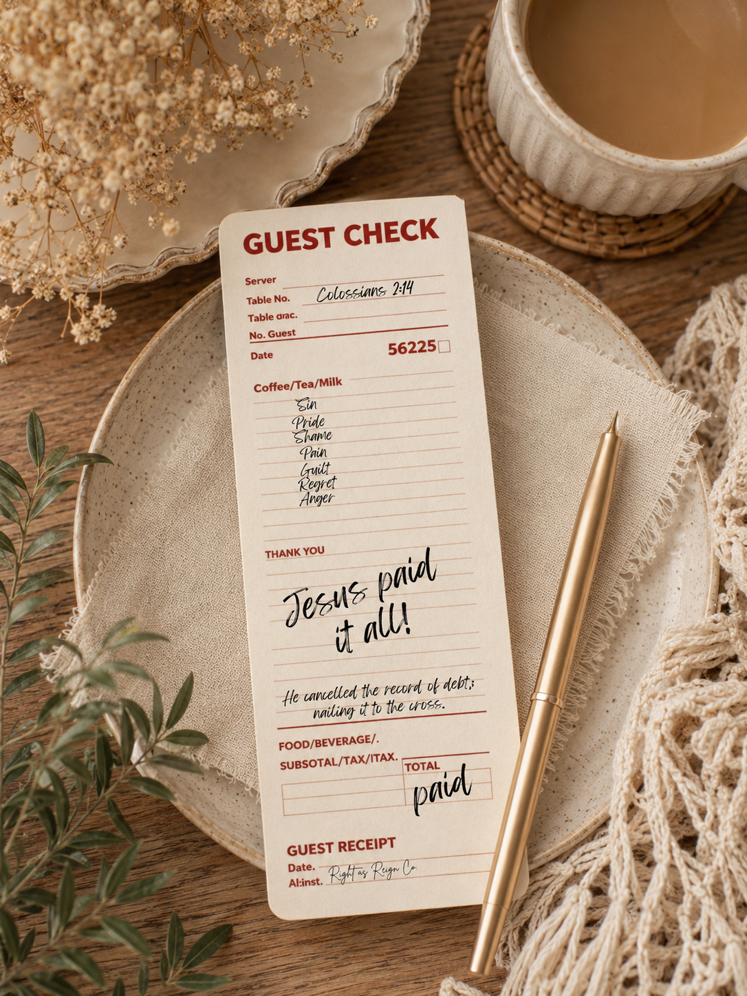 Jesus Paid It All — Guest Check Scripture Bookmark — Colossians 2:14