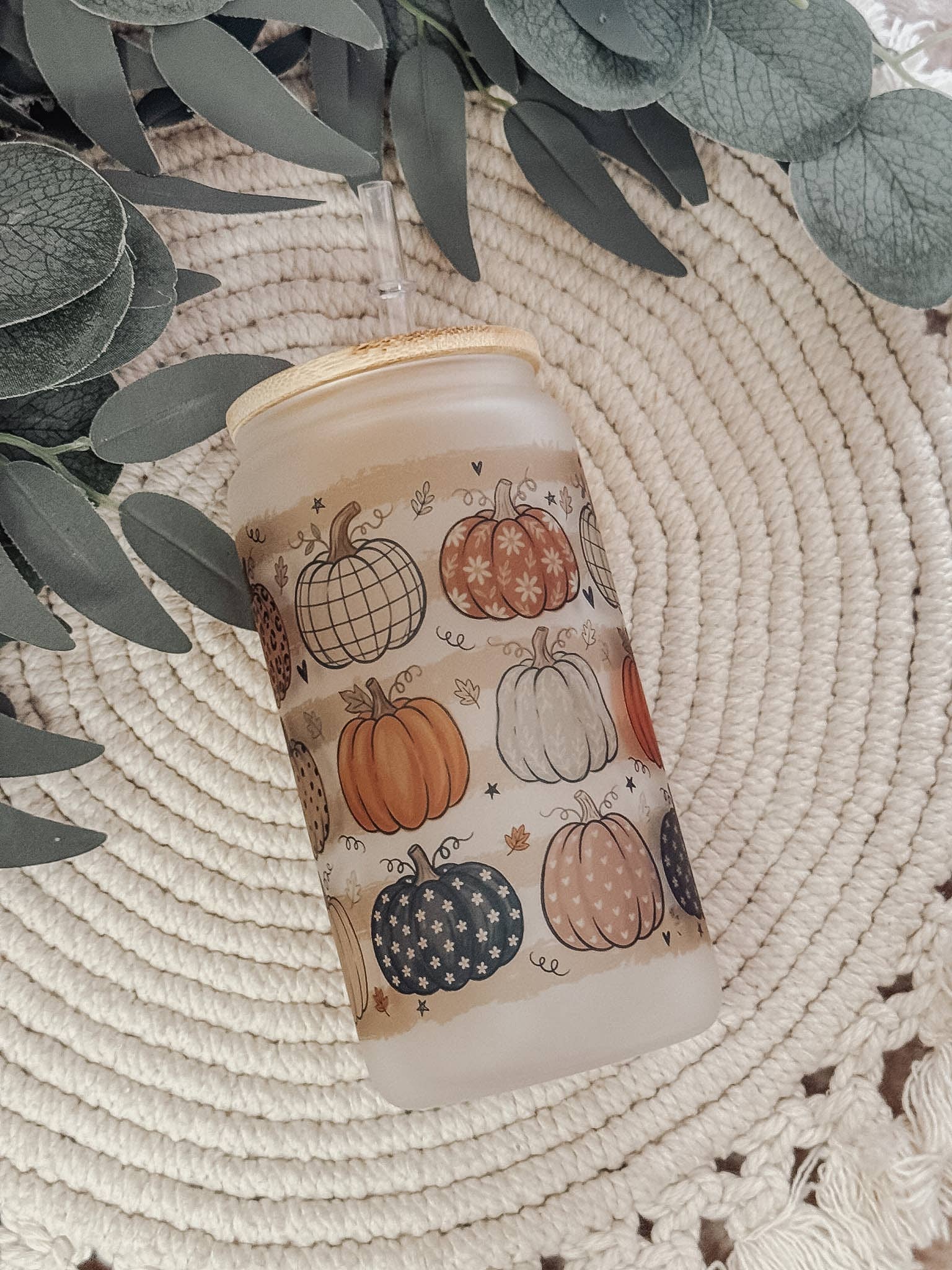 Frosted Fall Pumpkin Glass Cup with Bamboo Lid and Straw — 16oz