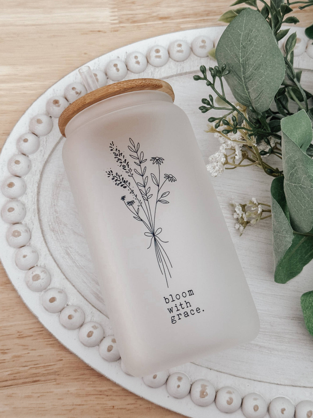 Bloom With Grace 16oz Glass Cup with Bamboo Lid