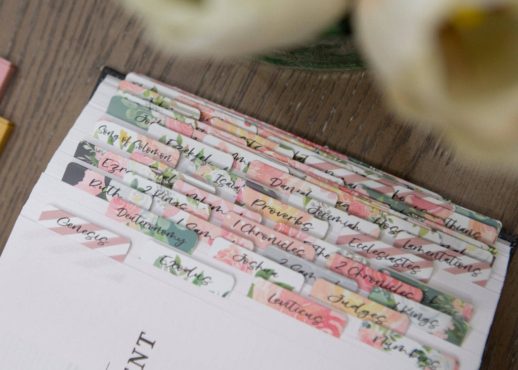 Floral Bible Index Tabs — Rose Floral Peel and Stick Bible Tabs — 66 Books Plus 6 Blank