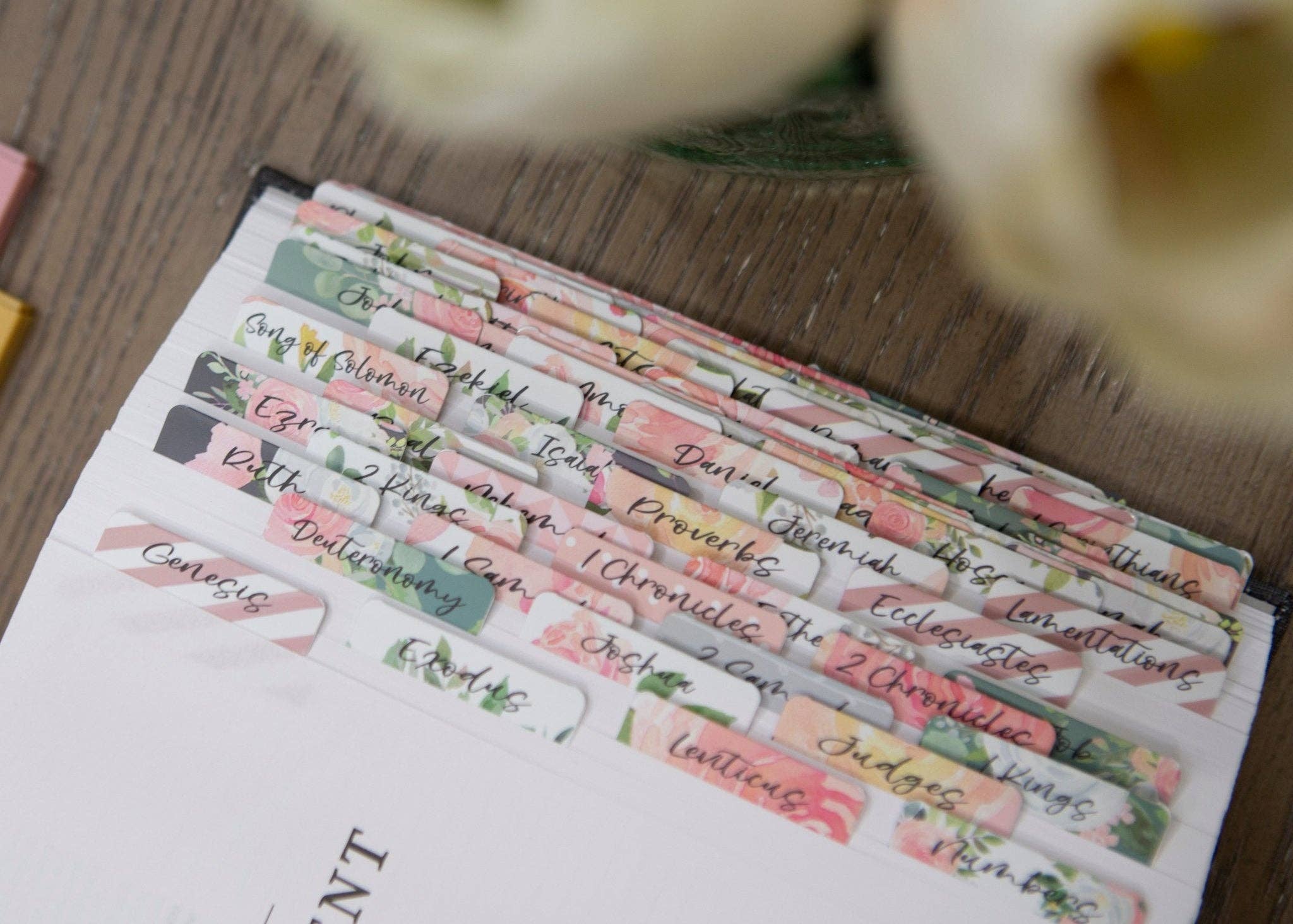 Floral Bible Index Tabs — Rose Floral Peel and Stick Bible Tabs — 66 Books Plus 6 Blank