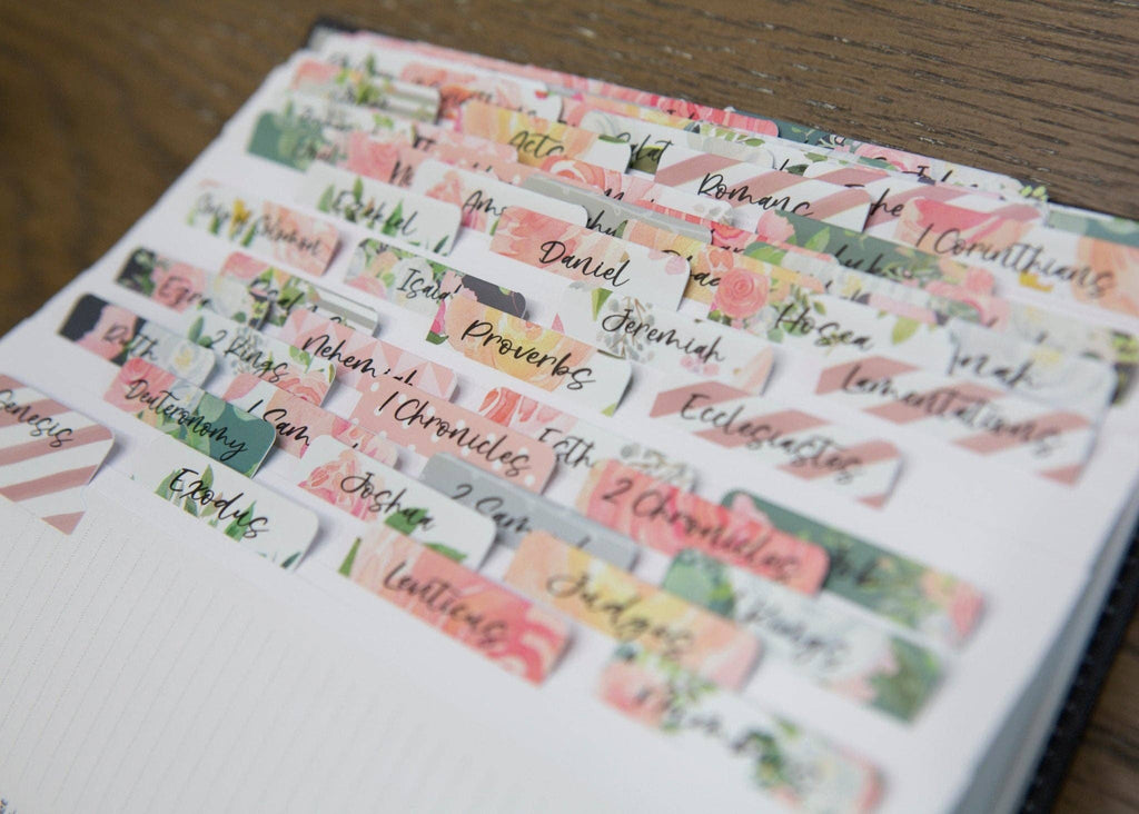 Floral Bible Index Tabs — Rose Floral Peel and Stick Bible Tabs — 66 Books Plus 6 Blank