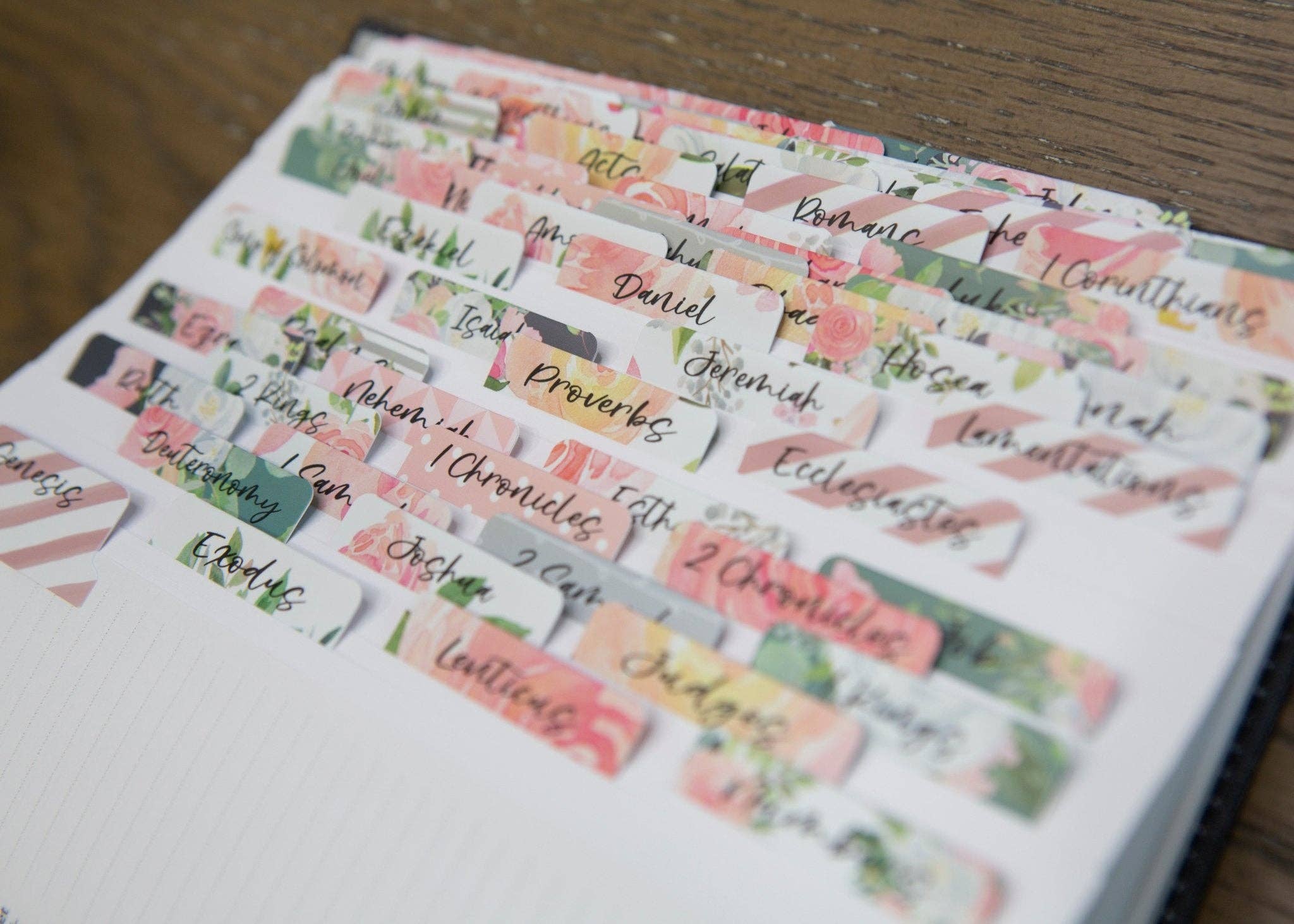 Floral Bible Index Tabs — Rose Floral Peel and Stick Bible Tabs — 66 Books Plus 6 Blank