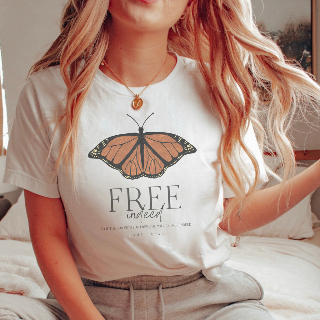 Free Indeed Monarch Butterfly Bible Verse Womens Graphic Tee