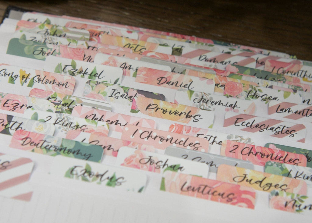 Floral Bible Index Tabs — Rose Floral Peel and Stick Bible Tabs — 66 Books Plus 6 Blank