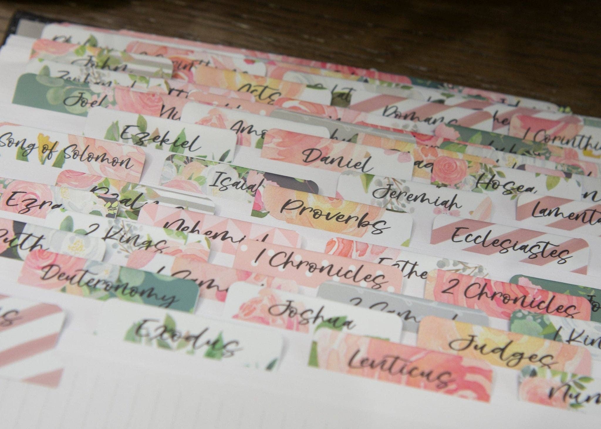 Floral Bible Index Tabs — Rose Floral Peel and Stick Bible Tabs — 66 Books Plus 6 Blank