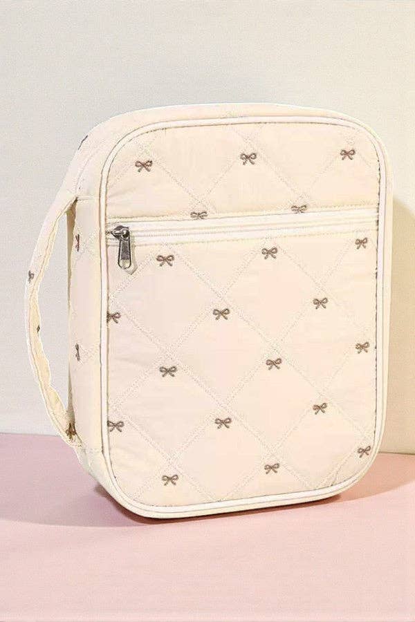 Cream and Brown Bow Quilted Bible Case — Neutral Bible Cover for Women