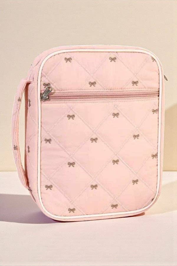Pink and Brown Bow Quilted Bible Case — Sweet Feminine Bible Cover for Women