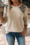 Leopard Print Detail Round Neck Long Sleeve Top