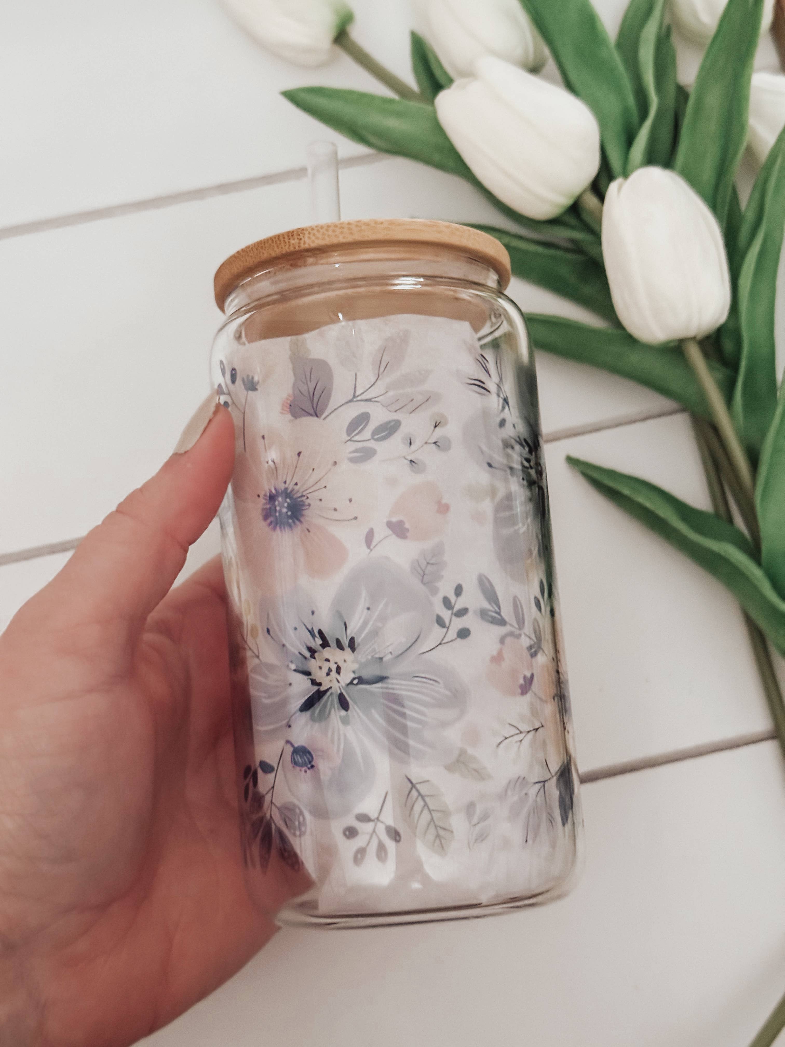 Spring Floral 16oz Glass Cup with Bamboo Lid 