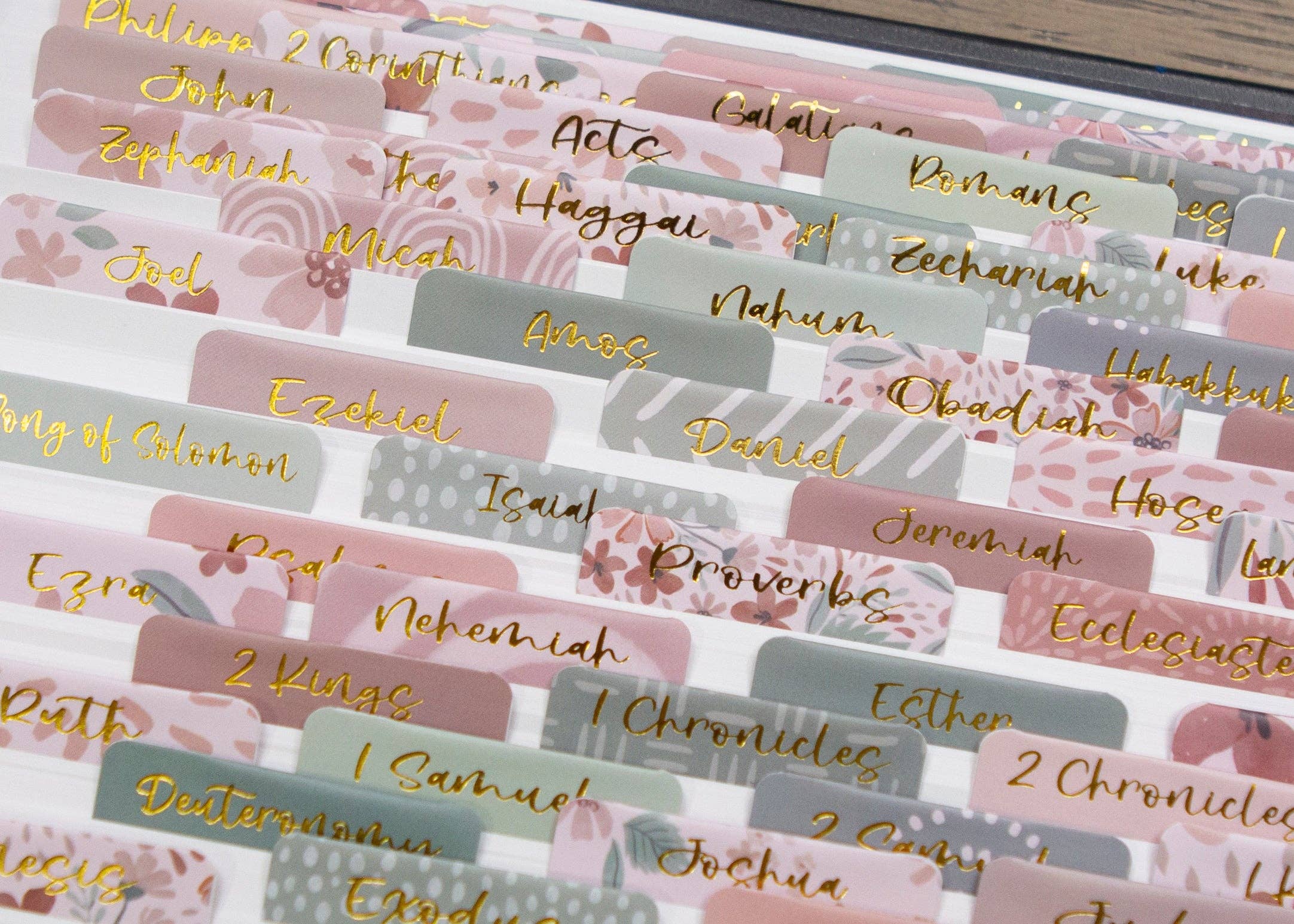 Sage and Blush Floral Bible Tabs — 66 Book Laminated Gold Foil Bible Tabs