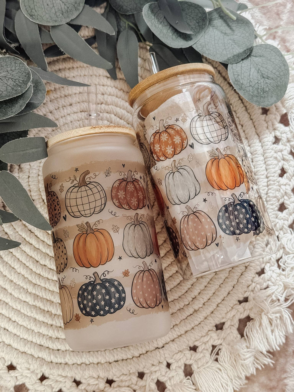 Frosted Fall Pumpkin Glass Cup with Bamboo Lid and Straw — 16oz
