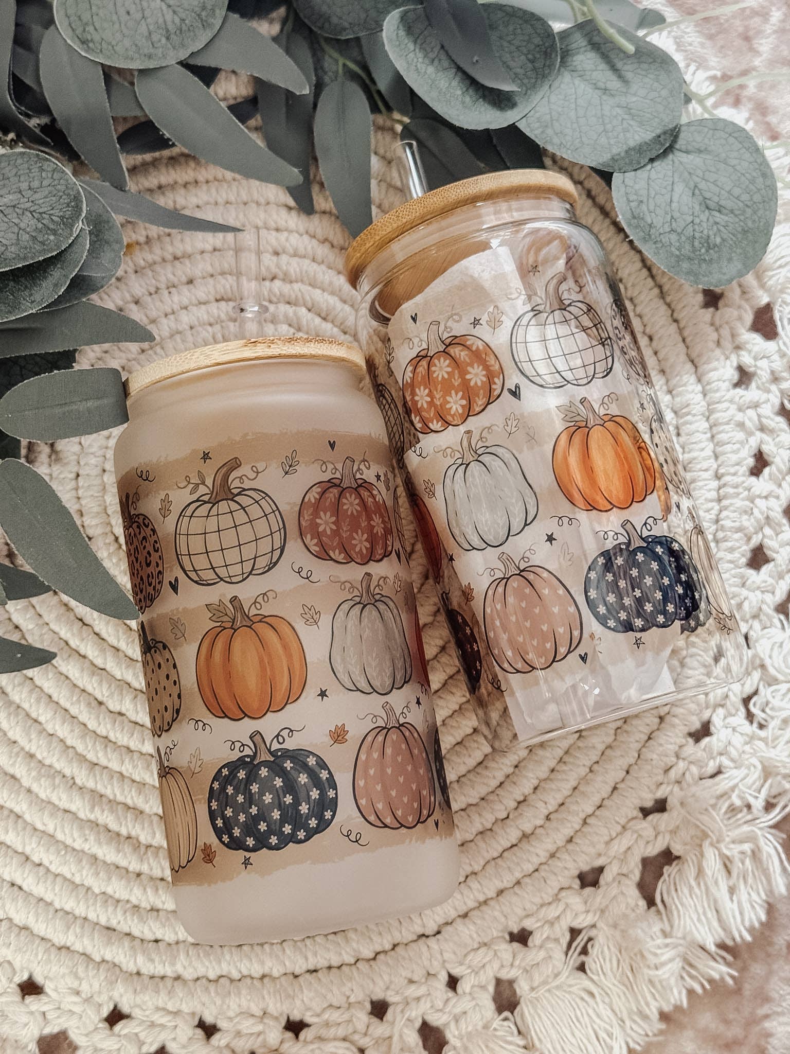Frosted Fall Pumpkin Glass Cup with Bamboo Lid and Straw — 16oz