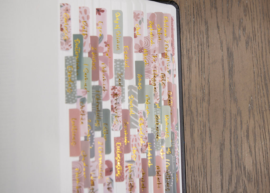 Sage and Blush Floral Bible Tabs — 66 Book Laminated Gold Foil Bible Tabs