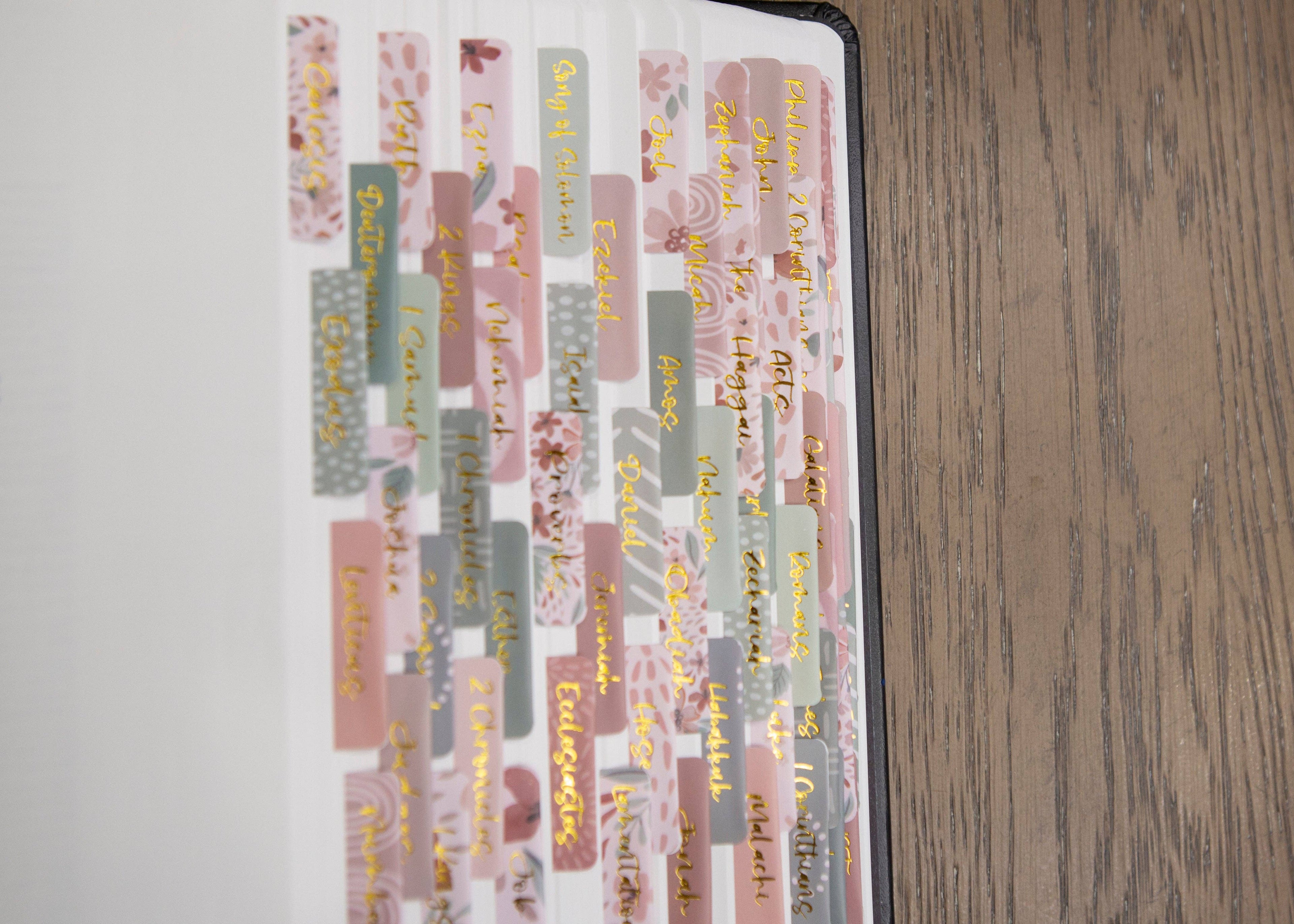Sage and Blush Floral Bible Tabs — 66 Book Laminated Gold Foil Bible Tabs