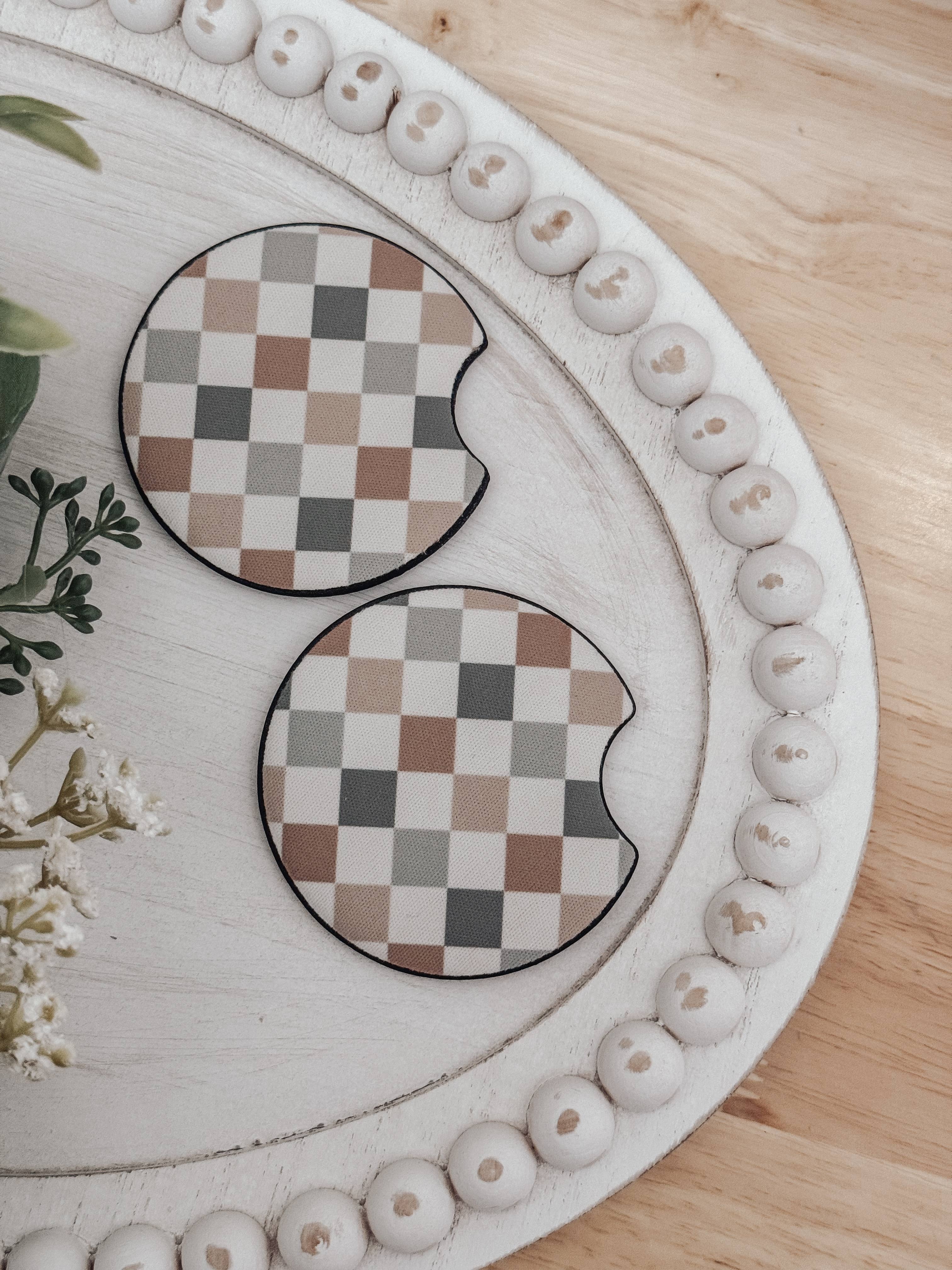 Neutral Checkered Car Coasters (set of 2)