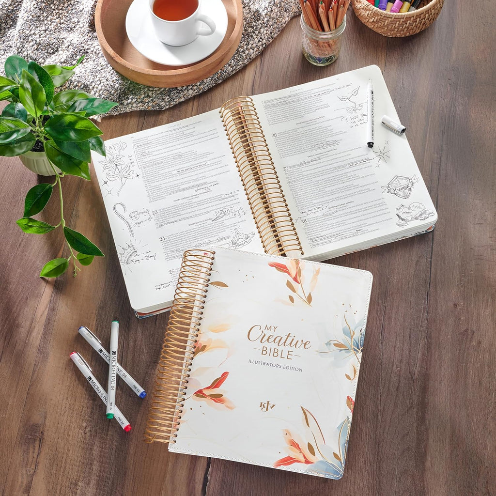 KJV My Creative Bible Journaling Bundle — Floral Printed White Faux Leather